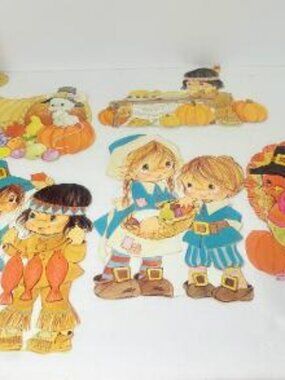 Vintage Thanksgiving Die-Cut Lot Of 5 Pilgrims, Indians, Turkey, Cornucopia